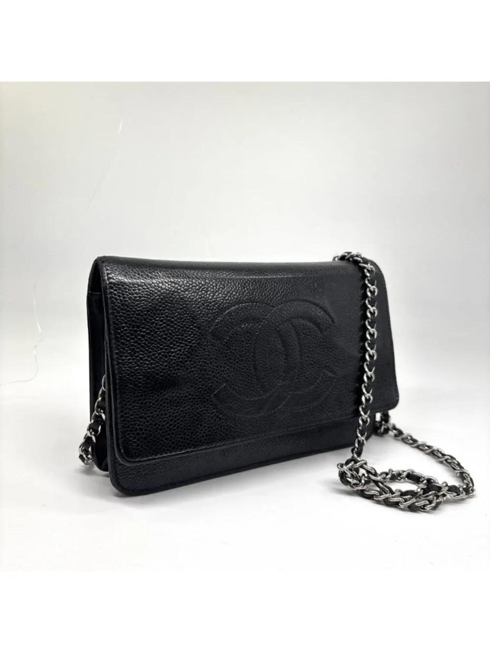 Chanel Super Caviar Leather Chain Wallet Black CC Logo Shoulder